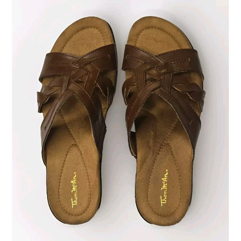 Thom McAn Willa Brown Leather Wedge Sandals Womens Slip On Size 8.5 M 50077 EUC - Picture 1 of 11
